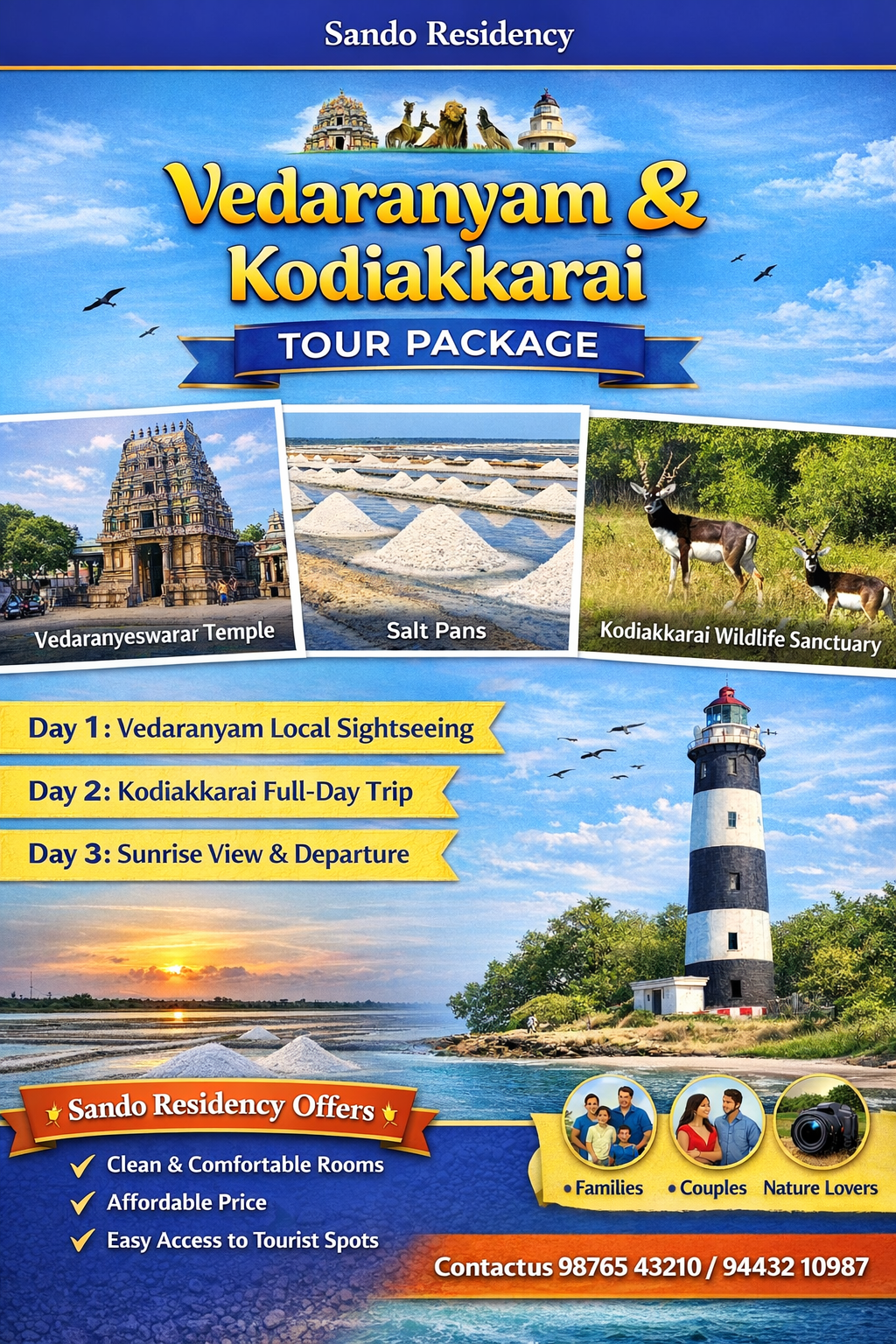 simple & practical vacation plan for visiting Vedaranyam + Kodiakkarai (Point Calimere) with a stay at Sando Residency